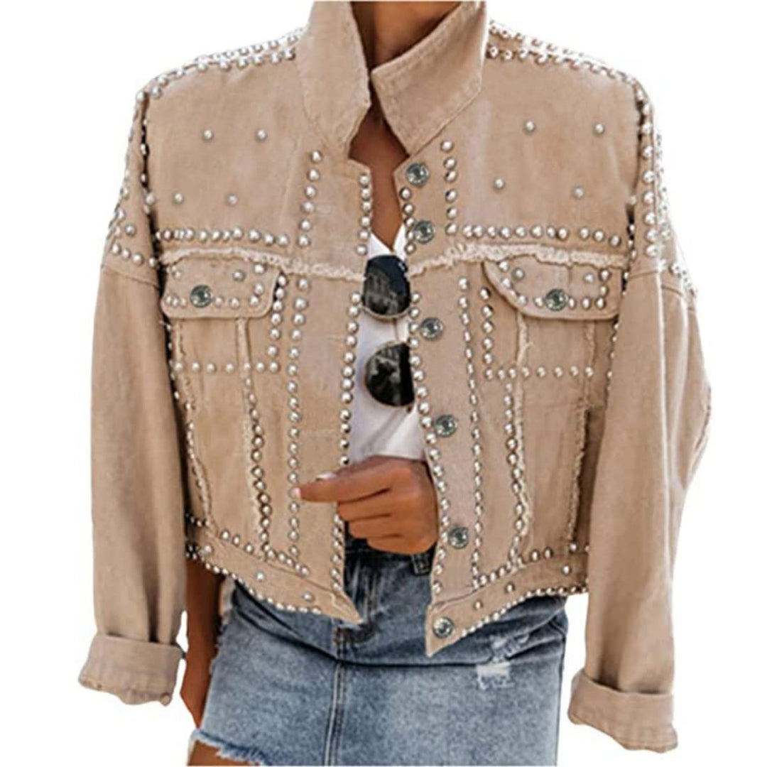 Beige cropped denim jacket, front pockets with rhinestone-like studs and button closure