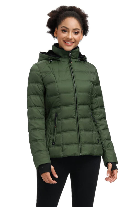 SLOW DOWN puffer jacket in olive green with zip-front and hood