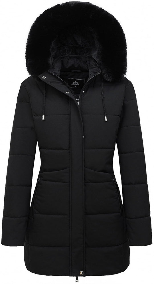 Schwarze gefütterte Pufferjacke für Damen mit Fellkragen an Kapuze und Kordelzügen