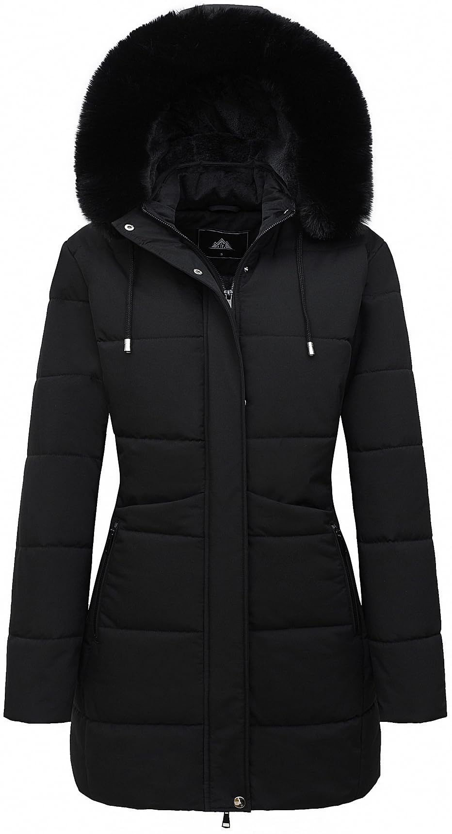 Schwarze Winter-Pufferjacke für Damen mit Fellkragen an Kapuze, Steppnähten und seitlichen Taschen