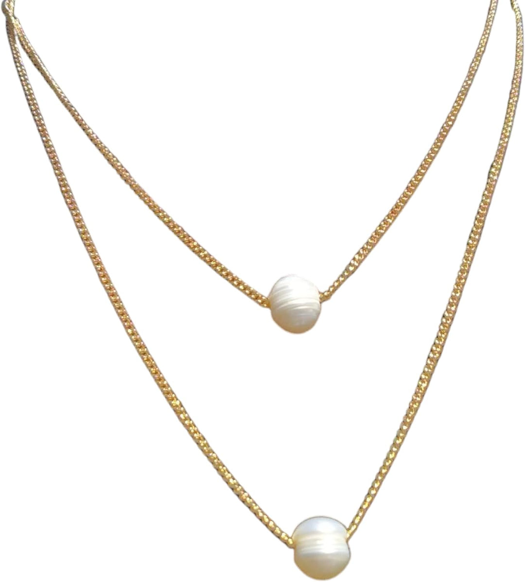 Two-layer gold curb chain necklace set with white freshwater pearl drops
