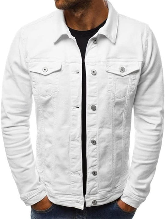 White slim denim jacket with button-up front and two chest flap pockets.
