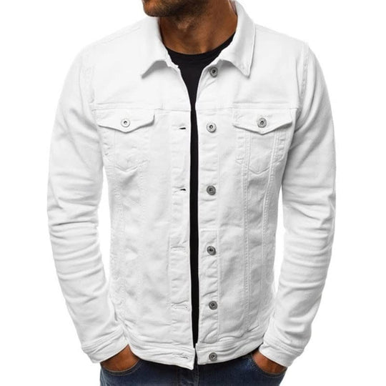 White slim denim jacket with two chest pockets and button-up front