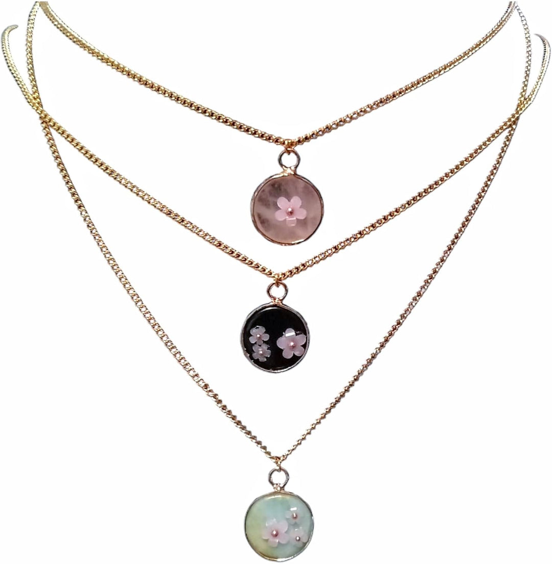 18K Gold Plated Natural Stone Necklace with Color Changing Floral Design, Black Obsidian, Amazonite, Rose Quartz, UV Reactive