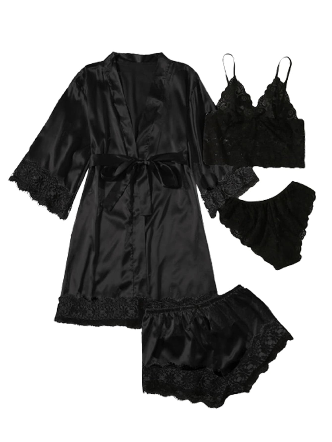 Black satin pajama set: robe, black lace cami, and lace-trim shorts, 4-piece