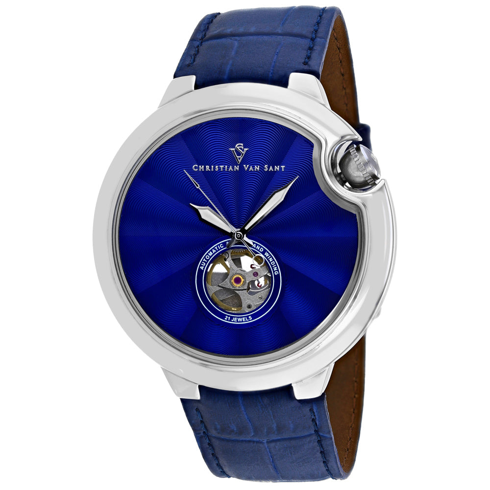 Christian Van Sant Cyclone automatic men's watch, blue dial, silver case, leather strap