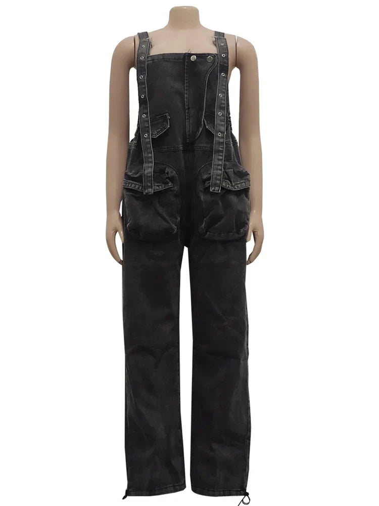 Wmstar black denim cargo jumpsuit, straight wide legs, front patch pockets