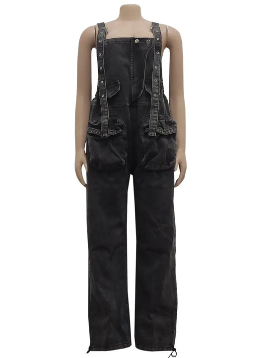 Wmstar black denim cargo jumpsuit, straight wide legs, front patch pockets