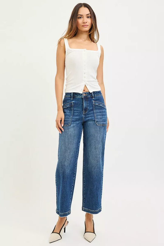 Dark blue high-rise cropped baggy jeans with front patch pockets and button fly