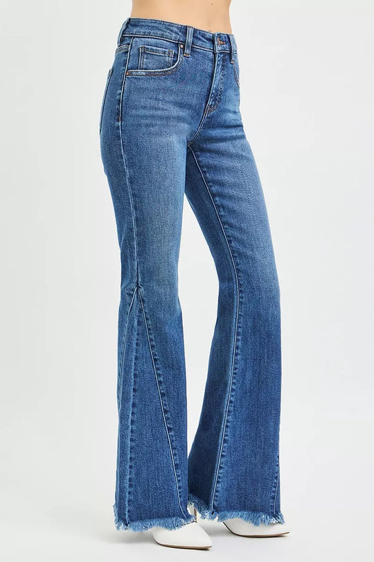 Back view: mid-rise flare jeans in dark wash denim, seam stitching