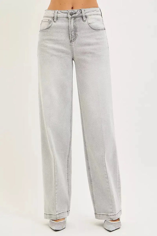 Light gray baggy jeans with contrast seams and relaxed straight legs