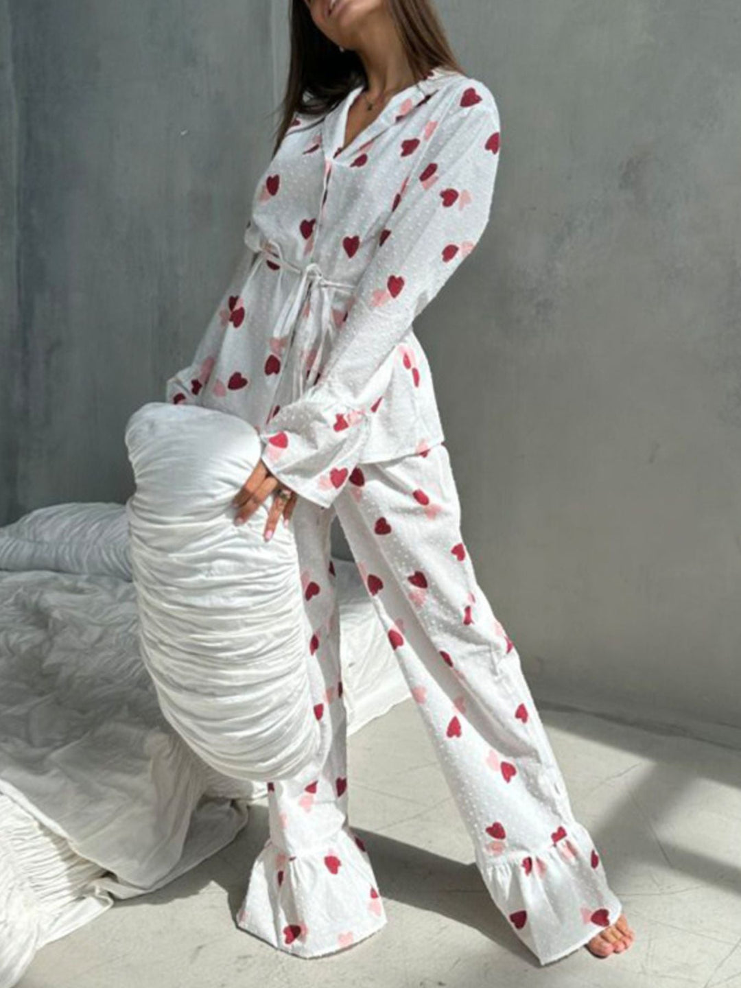 Strawberry heart print long-sleeve lounge top and matching pants, drawstring waist