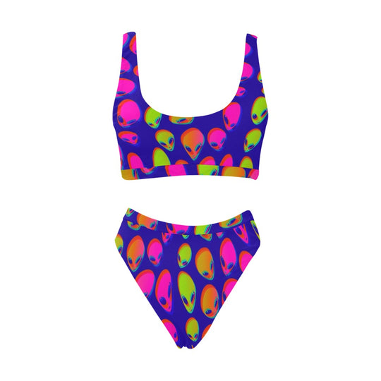 Flat lay: sport bikini top and high-waisted bottoms in blue with neon alien face pattern