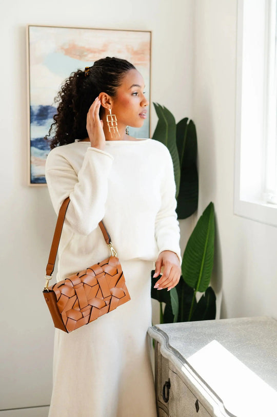Camel THE ZENOBIA woven clutch, small structured design with crossbody strap