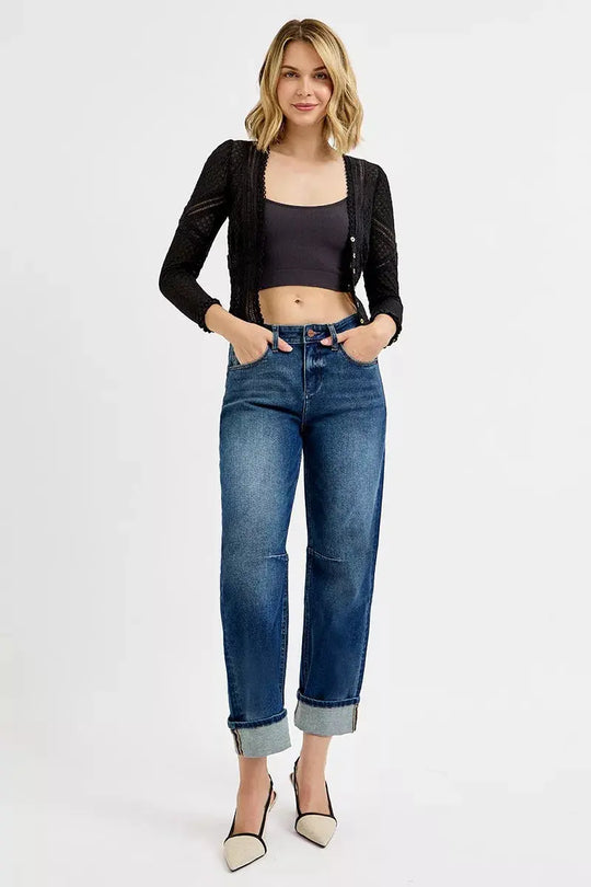 Dark wash slouchy crop jeans with cuffed hem and high-rise waist