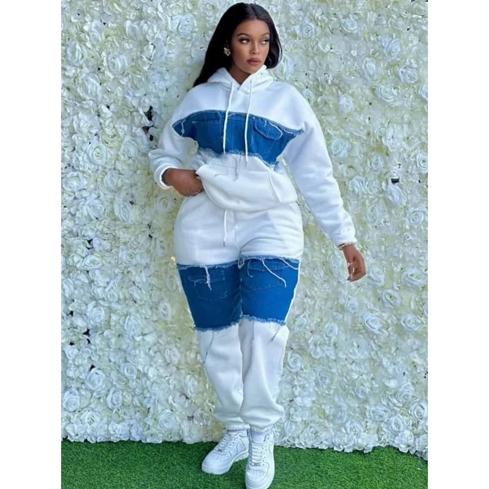 Women’s 2-piece set, white hoodie with blue denim panel and matching jogger pants