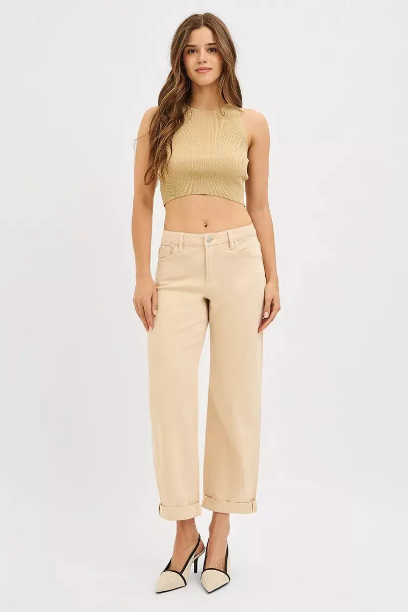 Be Bliss Boutique butter milk mid-rise relaxed barrel jeans, cuffed ankle length