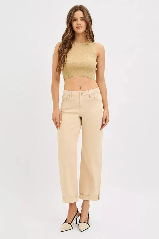 Be Bliss Boutique butter milk mid-rise relaxed barrel jeans, cuffed ankle length