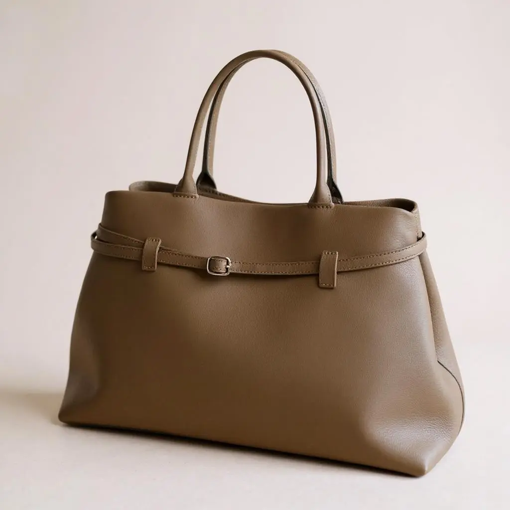 Taupe XL belt tote bag with double strap buckles and roomy structured body