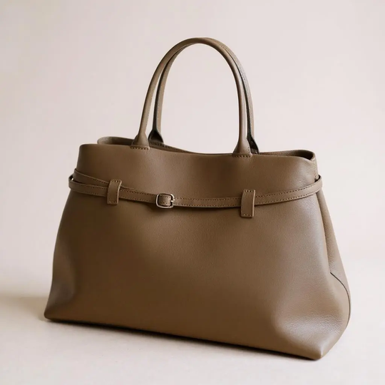 Taupe XL belt tote bag with double strap buckles and roomy structured body