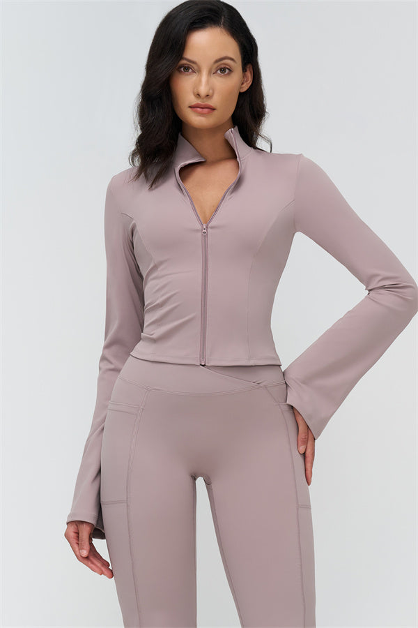 Mauve zip-up jacket and matching flared leggings set, front view