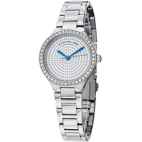 Stuhrling Symphony watch view with silver bracelet, crown detail, blue hour and minute hands