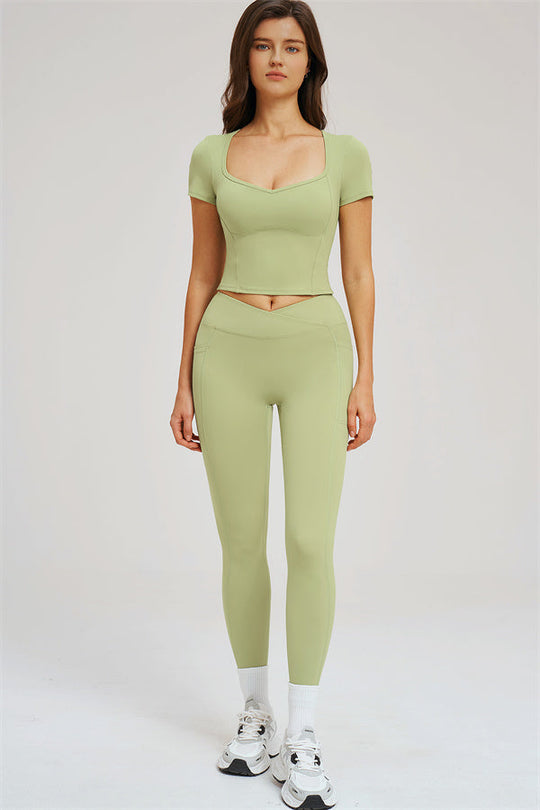 Full light olive green 2-piece set: cropped T-shirt and high-waist leggings