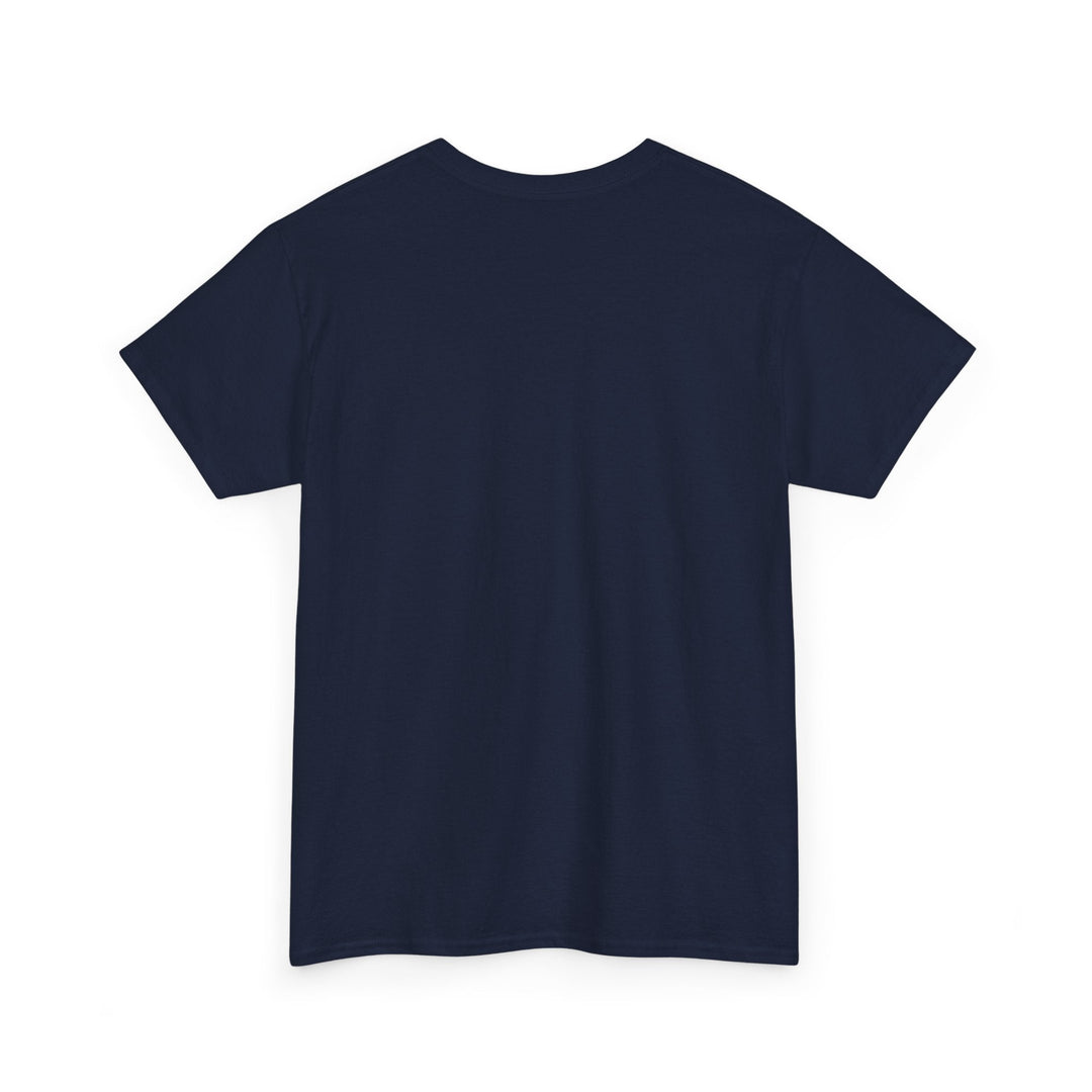 Navy unisex T-shirt, plain back view with crew neck and short sleeves