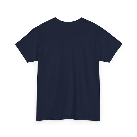 Navy unisex T-shirt, plain back view with crew neck and short sleeves
