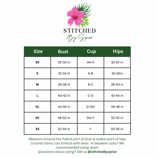 Stitched by Spice size chart: bust, cup, and hips measurements for crochet set