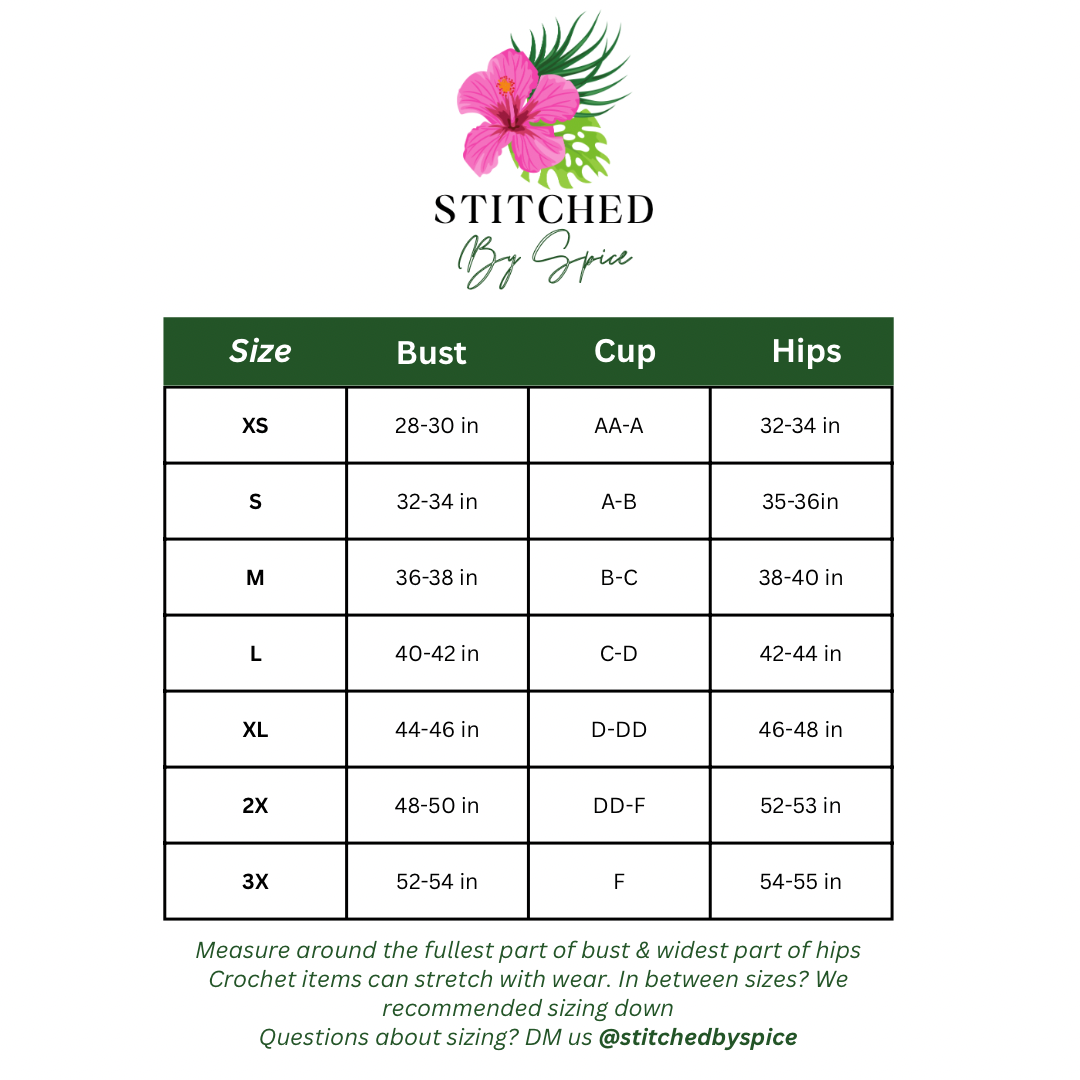 Stitched by Spice size chart with bust, cup, and hips measurements for crochet set