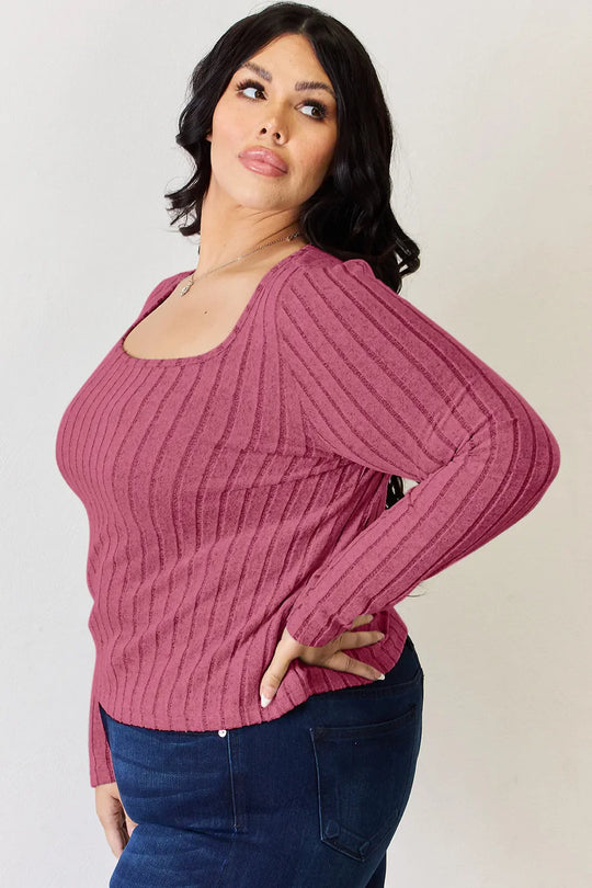 Hot Pink ribbed long-sleeve T-shirt with side view and ribbed texture