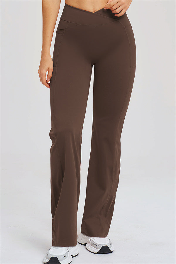 Taupe flared leggings with high rise and curved waistband seam