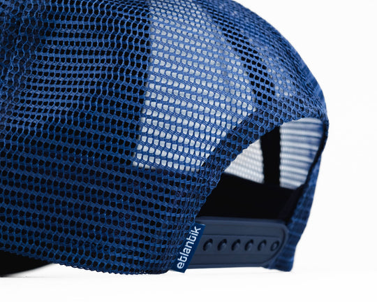 Swell Cap Blue: close-up of navy mesh back and snapback adjuster band.