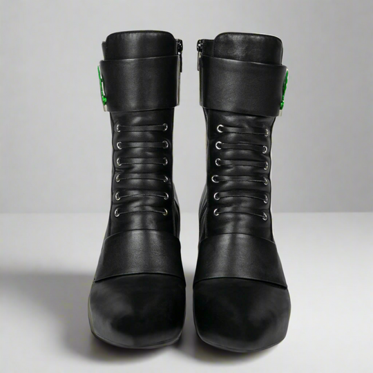 Black lace-up ankle boots back view with zipper and green side accents
