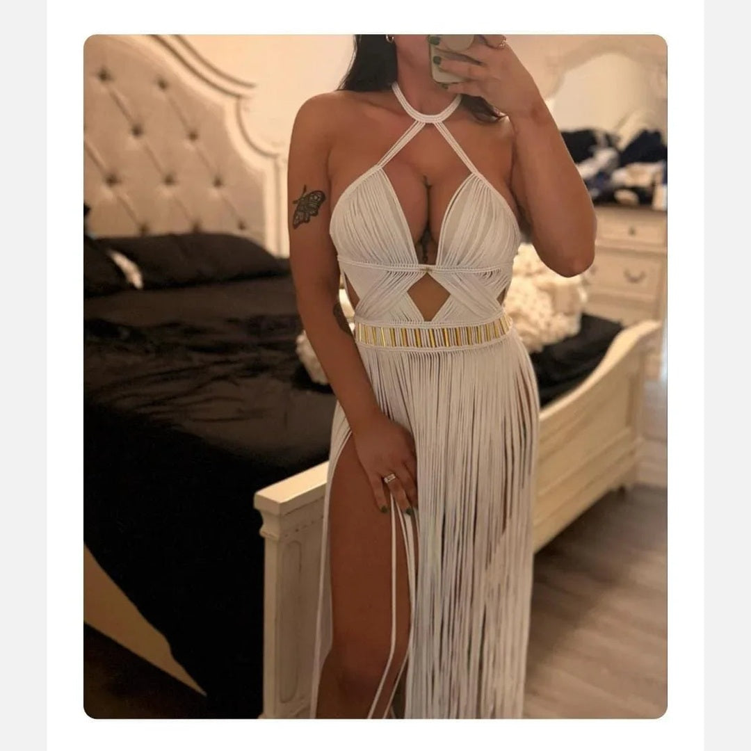 Selene ivory dress: halter crisscross bodice, gold waist trim, long fringe maxi skirt