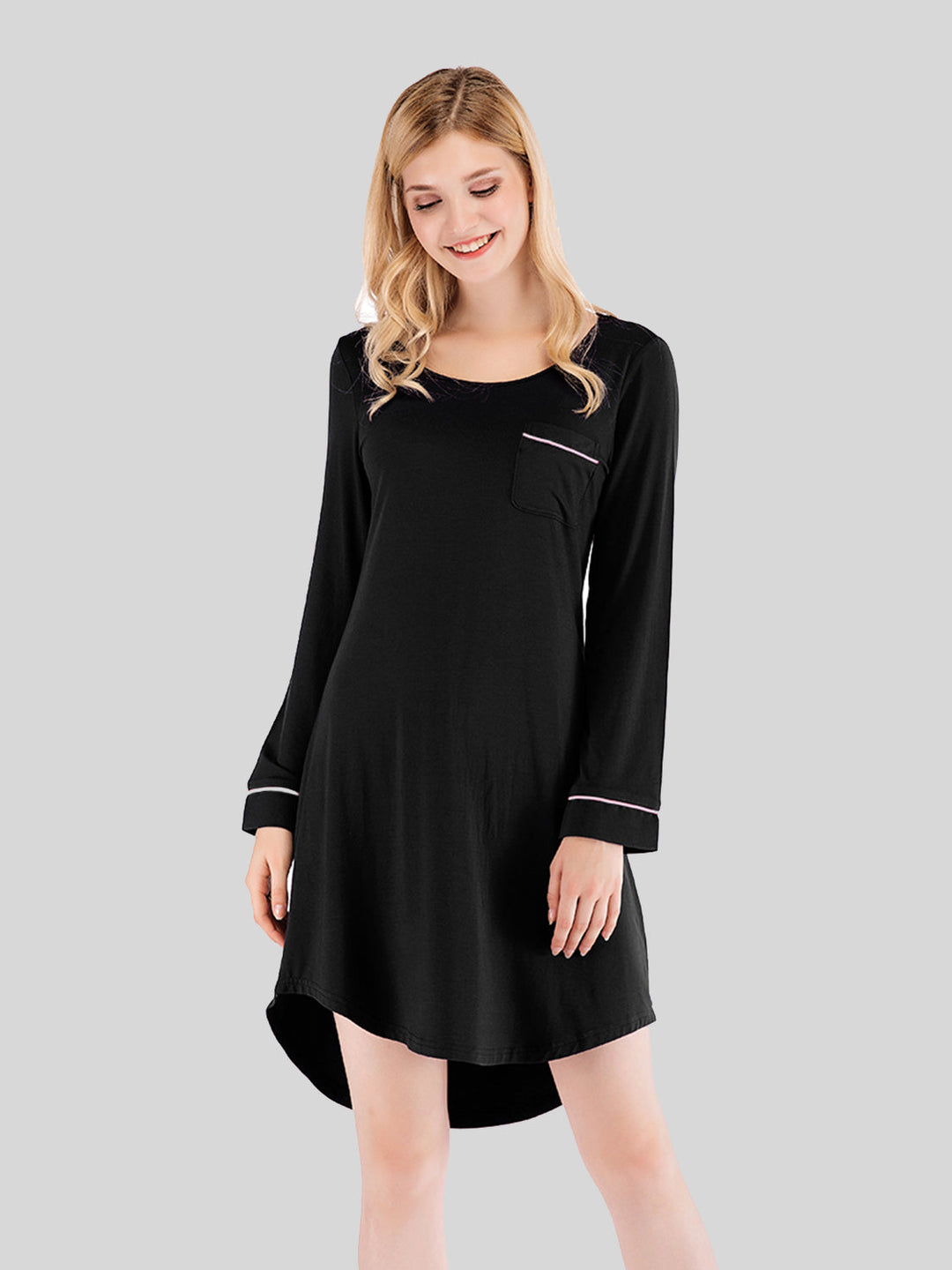 Nachtkleid mit Rundhalsausschnitt und Tasche, Schwarz, 3/4-Ärmel mit Zierband