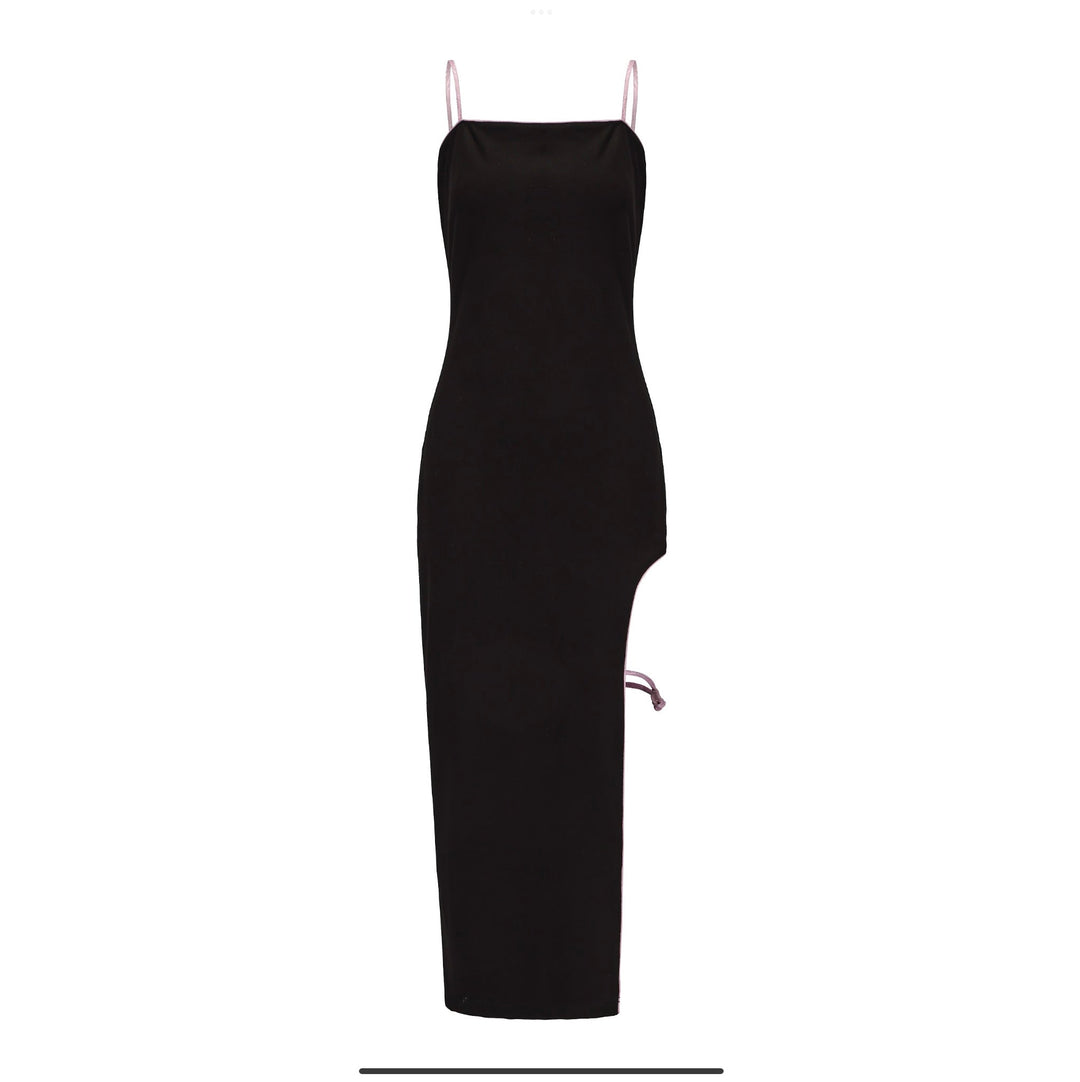Gao cutout maxi dress, black sleeveless column with pink spaghetti straps and cutout