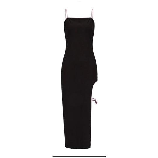 Gao cutout maxi dress, black sleeveless column with pink spaghetti straps and cutout