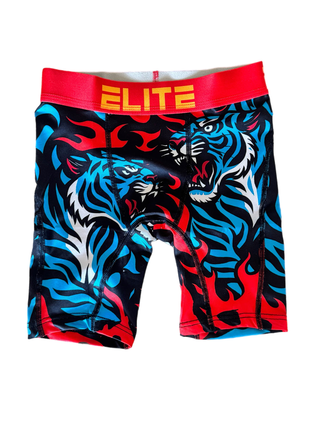 The Elite Co tiger boxer briefs, red waistband and black, blue, red tiger graphic.
