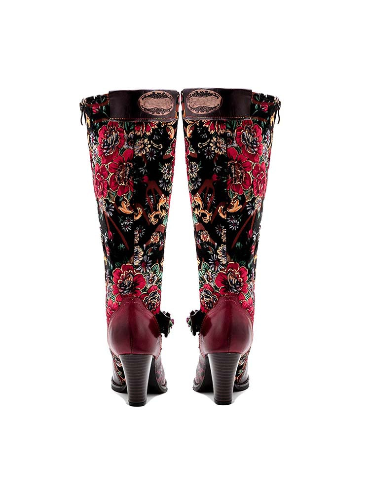 Back view of floral embroidered boots with black upper, red accents, and short heel
