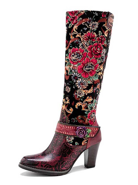 Handmade floral embroidered boots, black shaft with red flowers and mid block heel