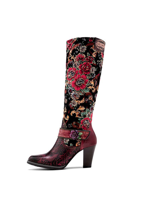 Handmade floral boots with tall black shaft, red trim band, and mid block heel