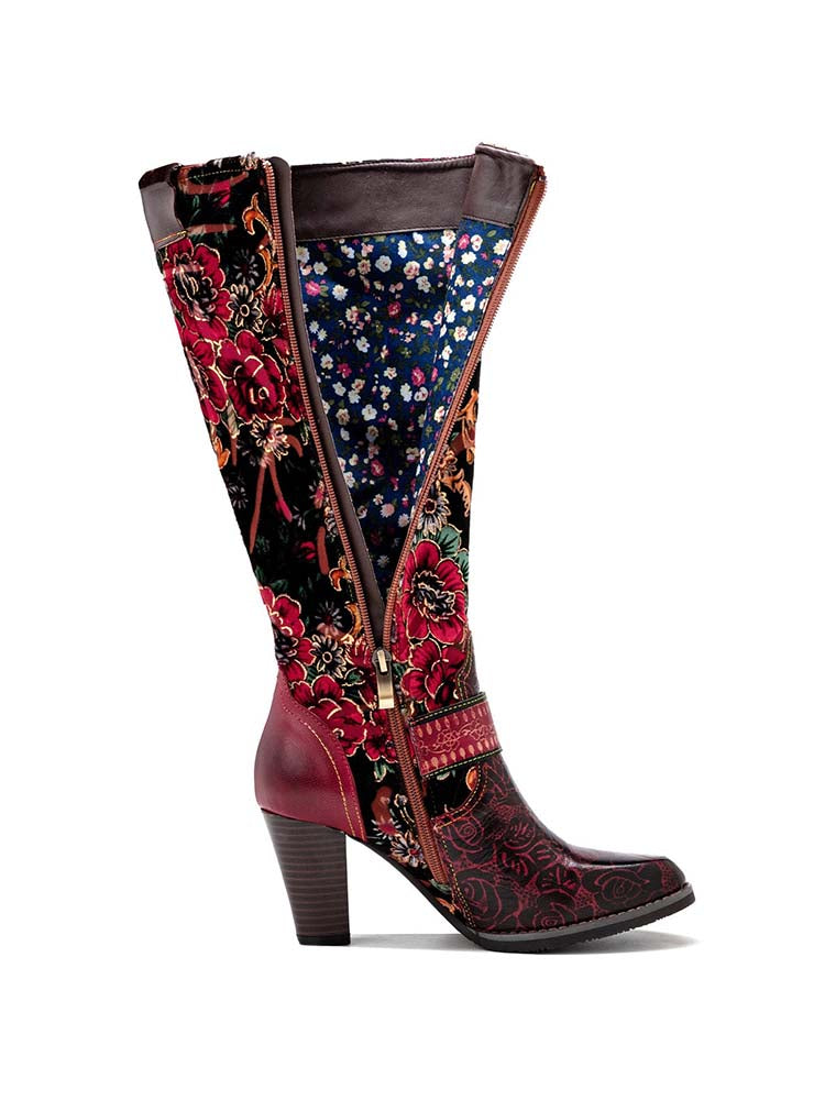 Floral embroidered tall boots with full-length side zipper and red cuff trim