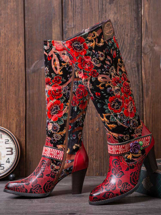 Tall floral embroidered boots with side zipper, black shaft, and red decorative trim band