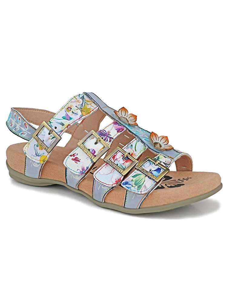 Bohemian leather sandals, open-toe design, multicolor floral print straps