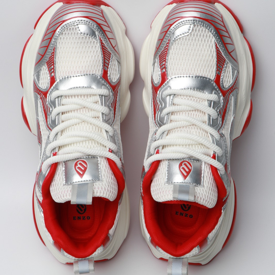 Enzo Motion X shoes, top view: white laces, red inner lining, silver-and-red panels