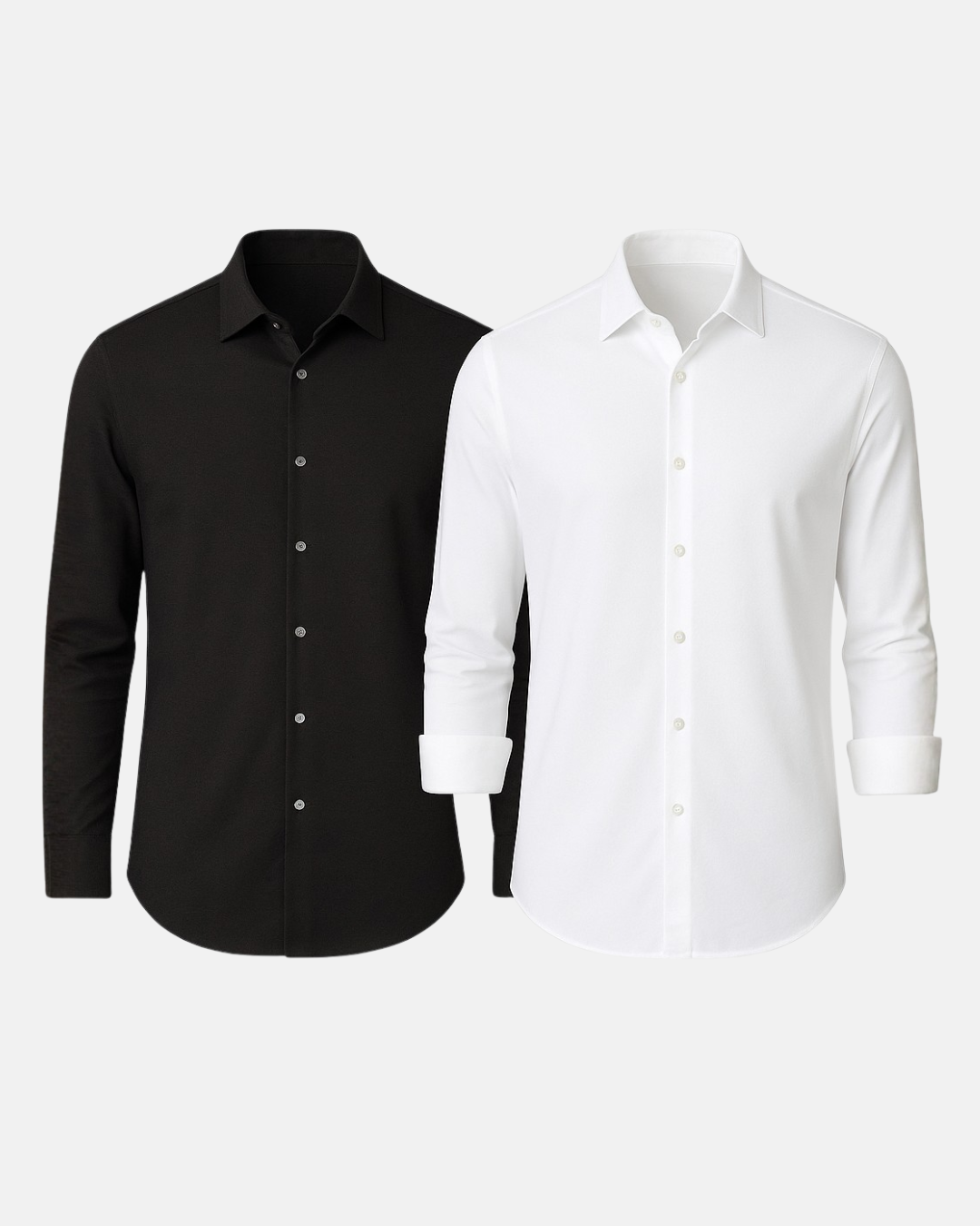 Black and white button-up shirts, long sleeves, spread collar, button-front placket