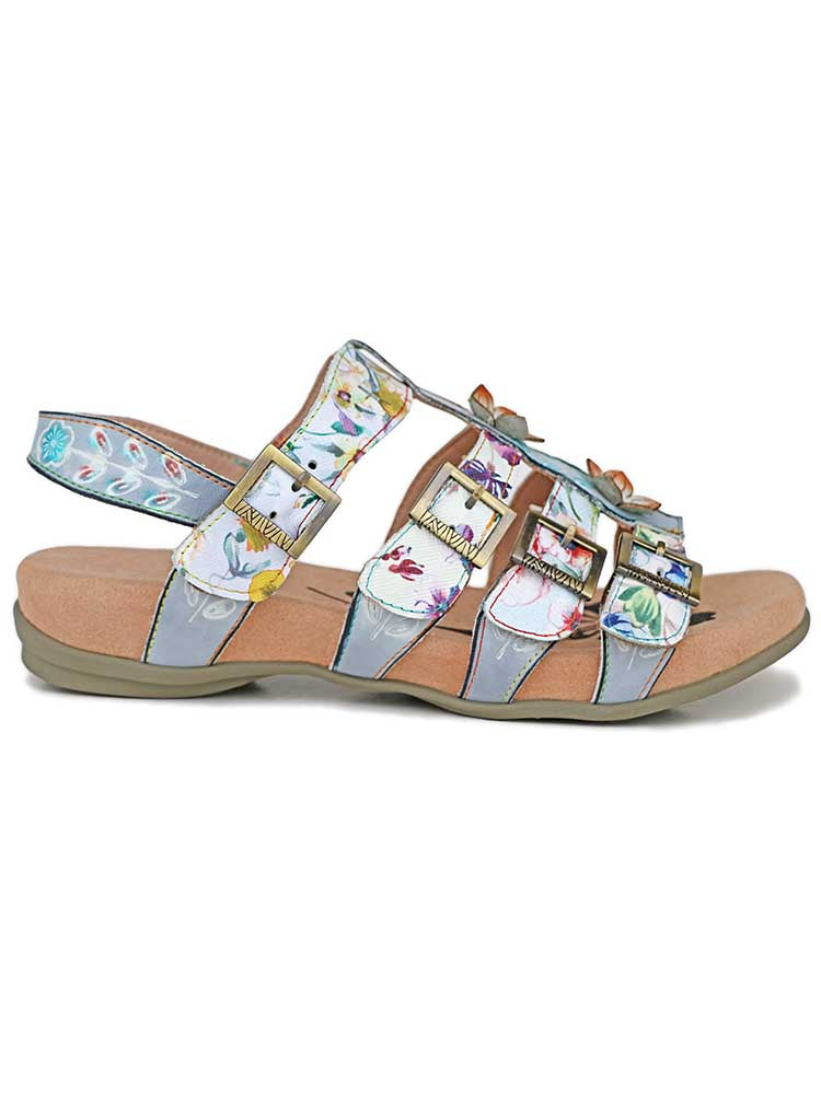 Giselle sandals with layered straps, flower and butterfly print, adjustable buckles
