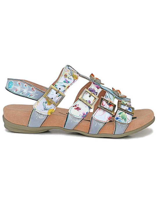 Giselle sandals with layered straps, flower and butterfly print, adjustable buckles
